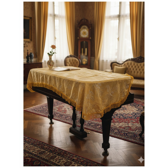 Yellow Embroidered Japanese Tree House Fringe Upright Piano Top Cover 62"x47" - Picture 1 of 7